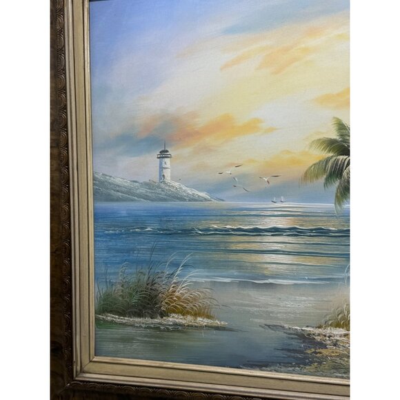 Framed Coastal ocean Landscape Painting With Lighthouse Palm Trees 31x27" READ - Picture 4 of 14